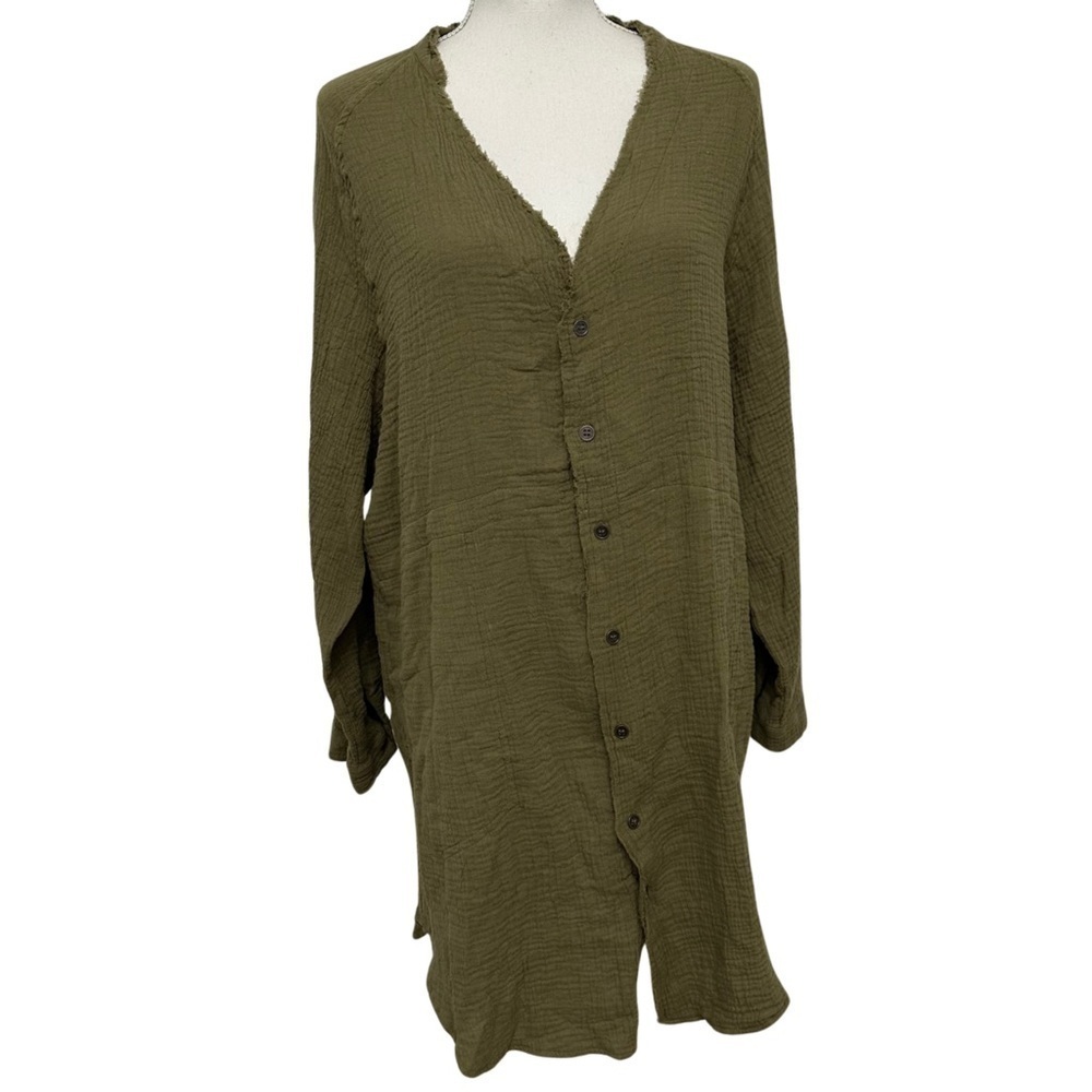 ¡GENJUN Long Sleeve Oversized Tunic Dress/Shirt Boho Olive Green SZ XL NWT